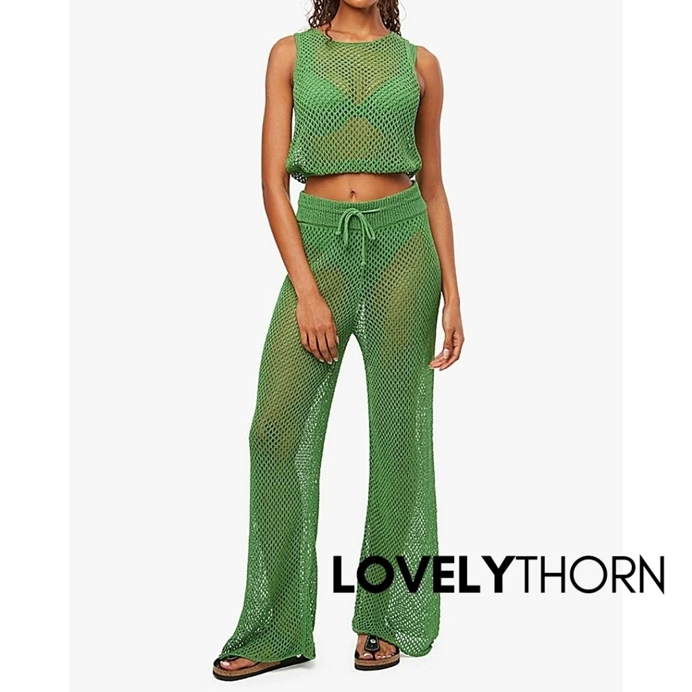 WE WORE WHAT // green crochet drawcord cover-up wide leg Danielle Bernstein